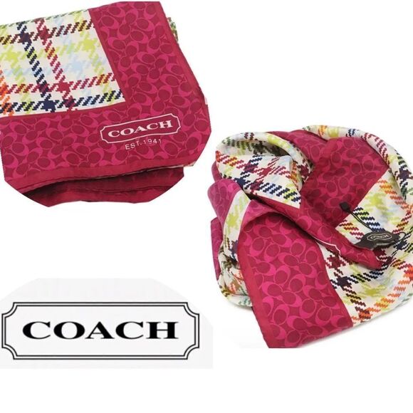 Coach Signature Multi-Colored Houndstooth 100% Silk Scarf. EUC! - Picture 1 of 7